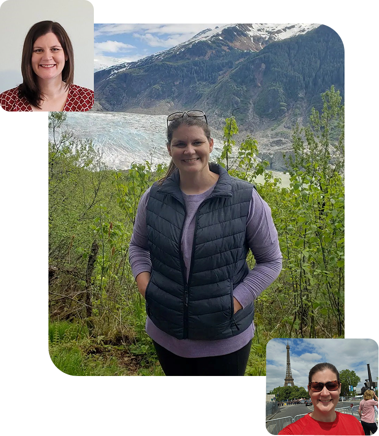 Upper left: formal head shot of therapist in red shirt Middle: therapist standing in front of Alaskan glacier smiling Lower: therapist standing in front of the Eiffel Tower smiling