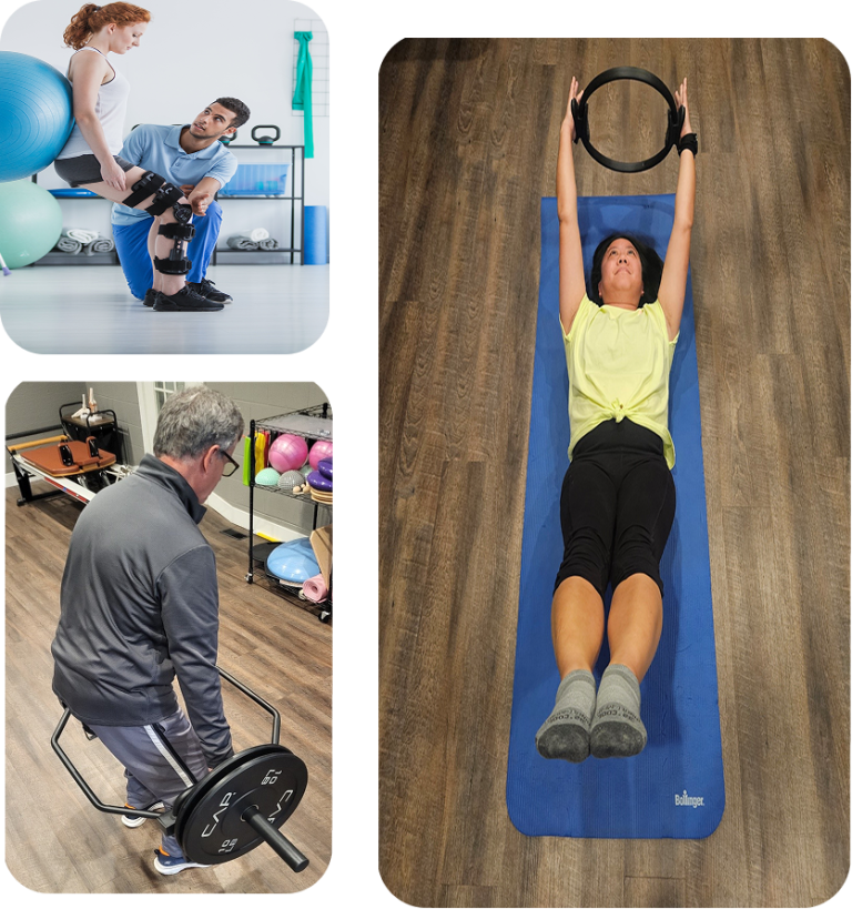 Upper left corner: Therapist helps patient with knee brace strengthen legs Lower left: man uses hex bar to squat for post-op strength Right: women does Pilates on a blue mat